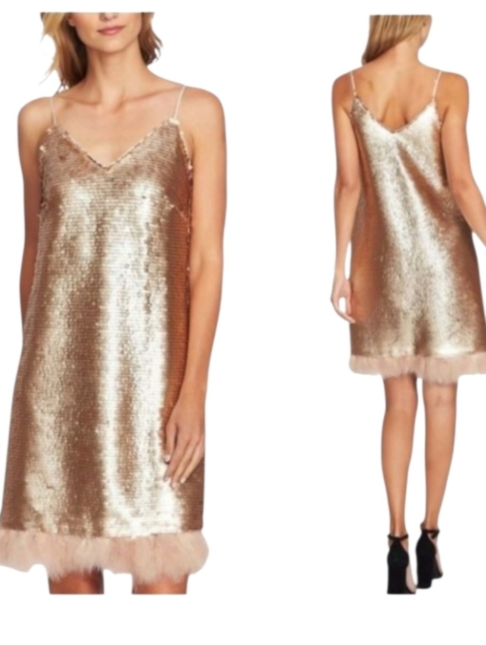 NWT CeCe Gatsby Blush Gold Sequin Feather Trim Mini Dress 2